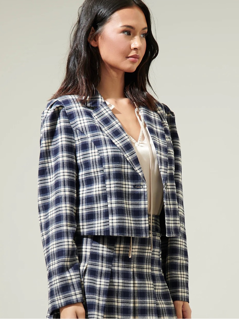 Sugarlips Plaid Navy and White Cropped Jacket